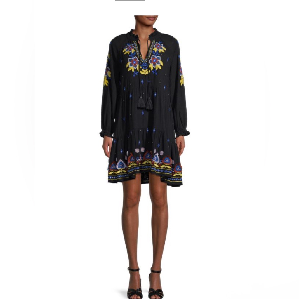 Roller Rabbit Black Embroidered Tunic Dress Boho Resort Vacation Mini Size Large